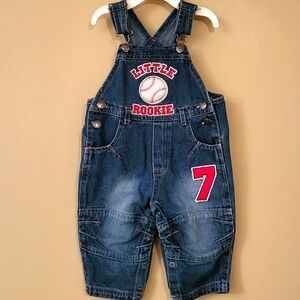 "Little Rookie" baseball theme denim overalls